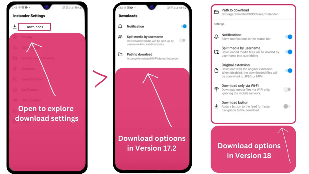 Instander download features and setting options