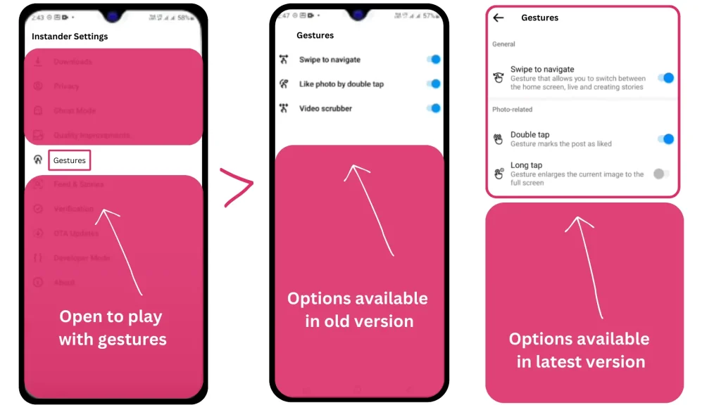 gestures among instander features and all settings