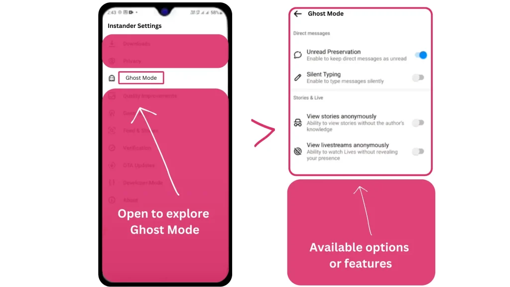 Instander ghost mode settings