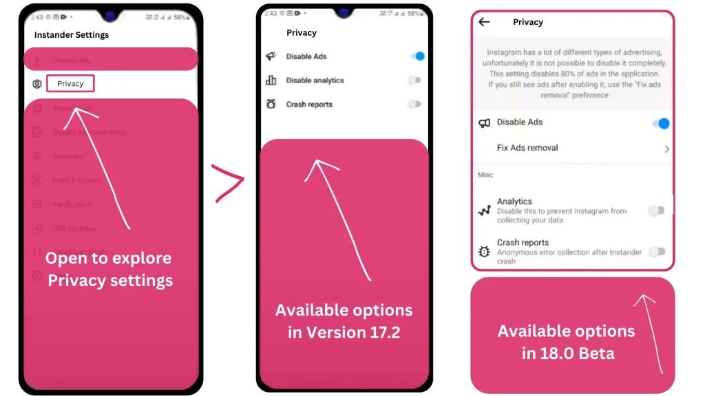 Instander privacy settings options