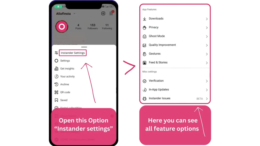 Instander features and all settings options