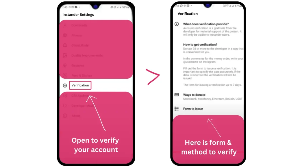 verification account instander features and all settings