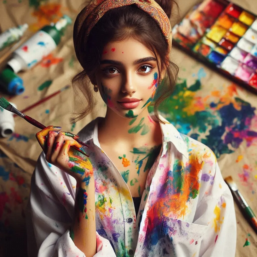 A beautiful painter girl with splashes on her shirt after painting