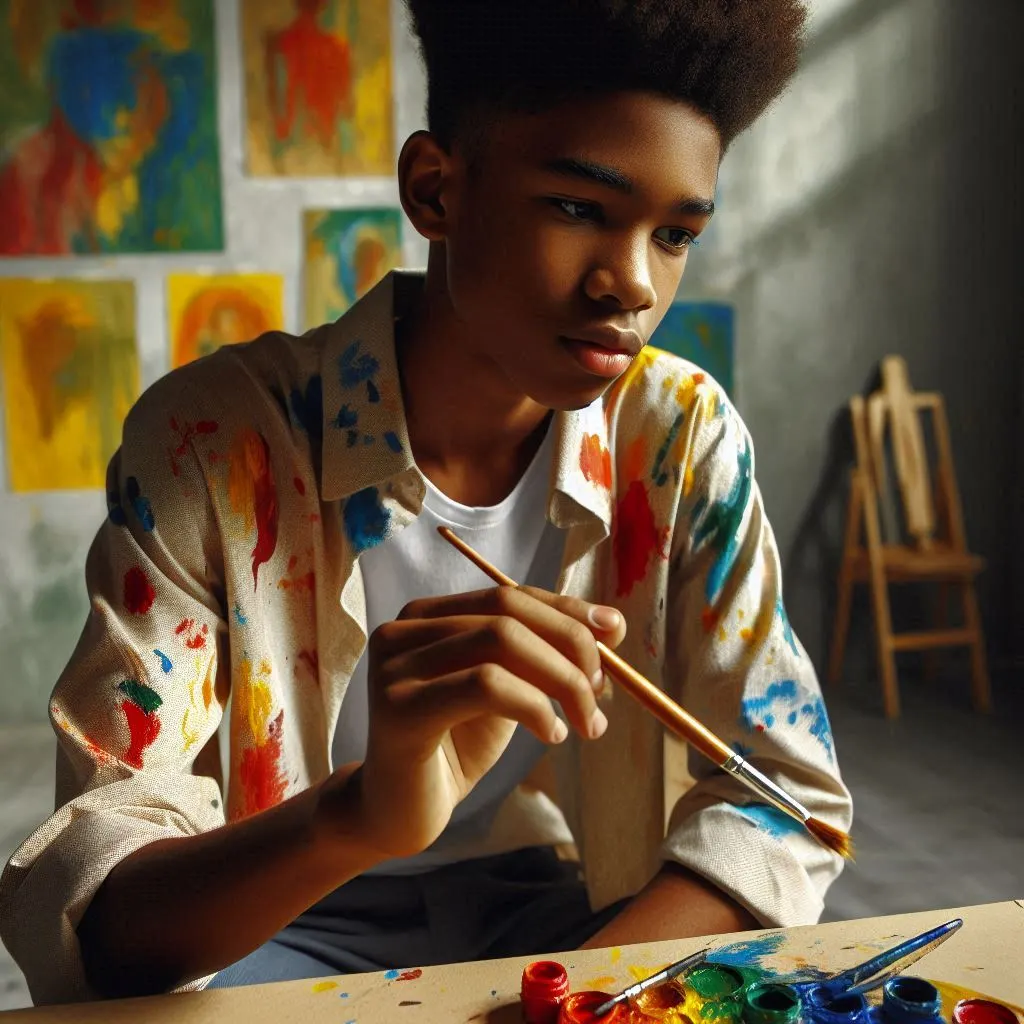 A boy thinking with paint brush in hand